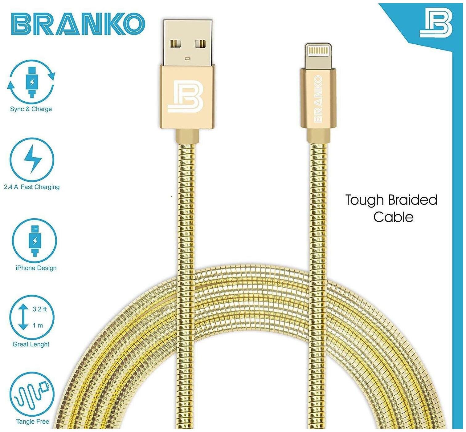 

BRANKO BR-U06 2 4A Fast Metal Lightning Charge Sync USB Cable GOLD