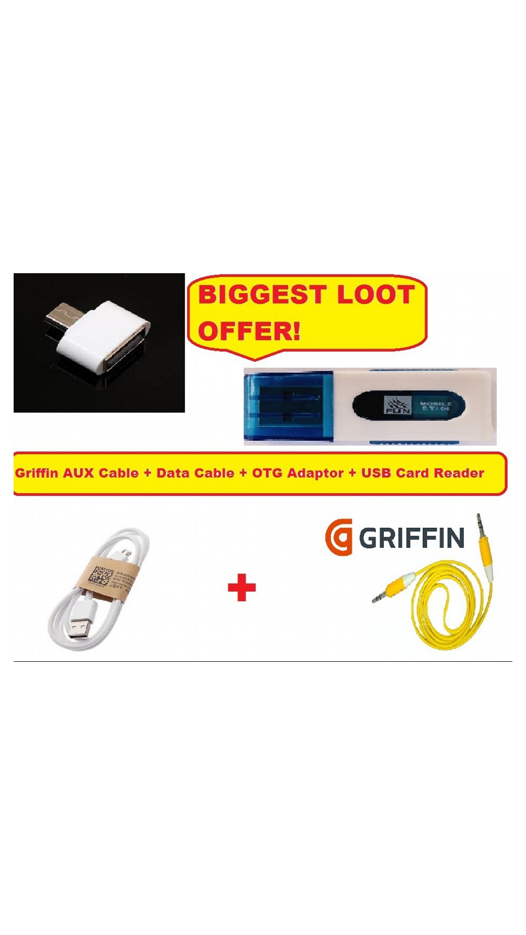 Combo Deal Micro USB Data Cable + Griffin AUX Cable + OTG Adaptor + Card Reader by P Maxxs