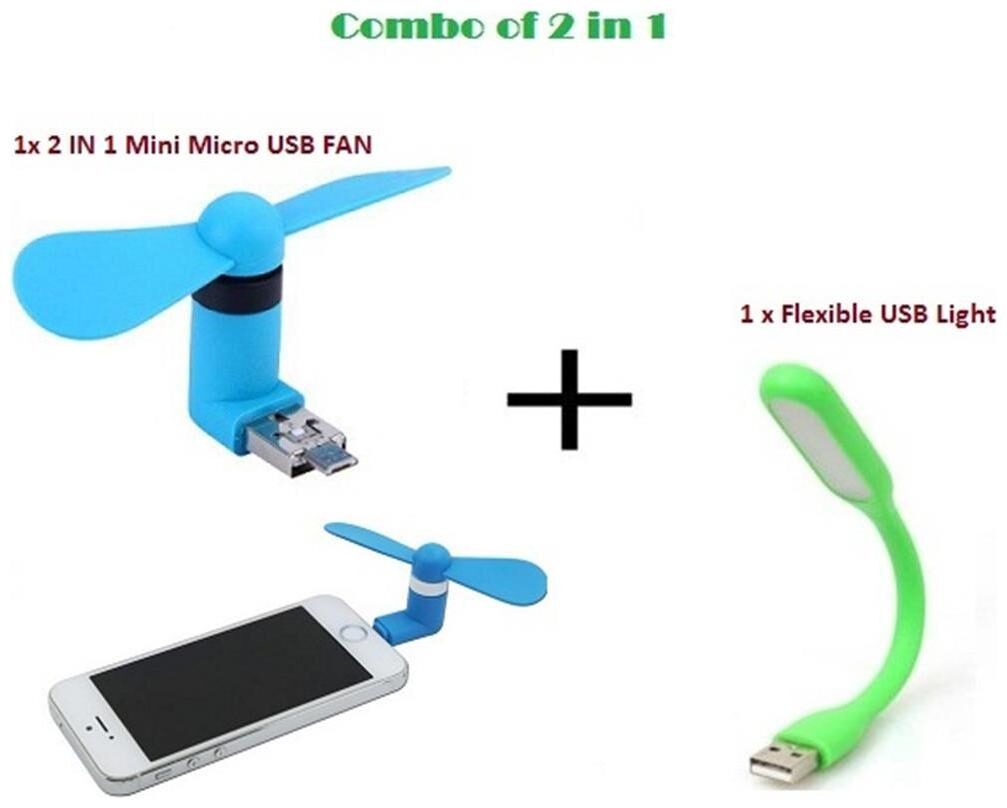 Combo Mini Micro USB 2in1 Portable Fan USB LED Light For Smartphone, Powerbank by KR Sales Mart