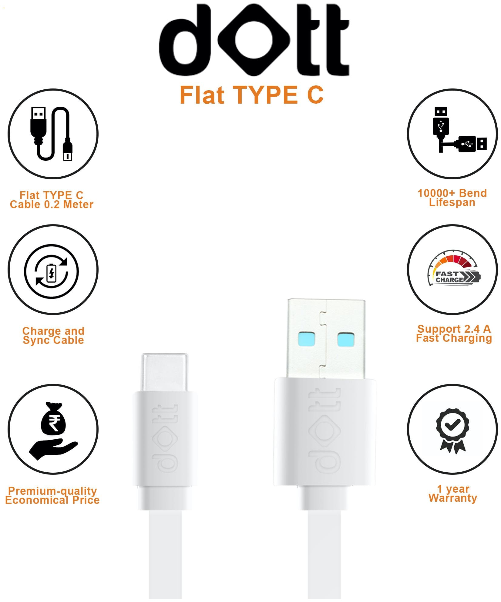 

dott Data Charging Type-C Cable ( 0 2 m White )
