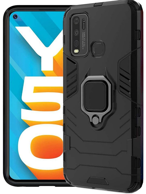 

EXOTIC FLOURISH Vivo Y30 Case Dual Layer Hybrid Armor Shockproof with Ring Grip Kickstand Case Cover for Vivo Y30 - Black