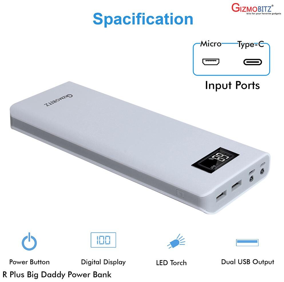 

Gizmobitz GB BigDaddy White 30000 mAh Portable Fast Charging Power Bank - White