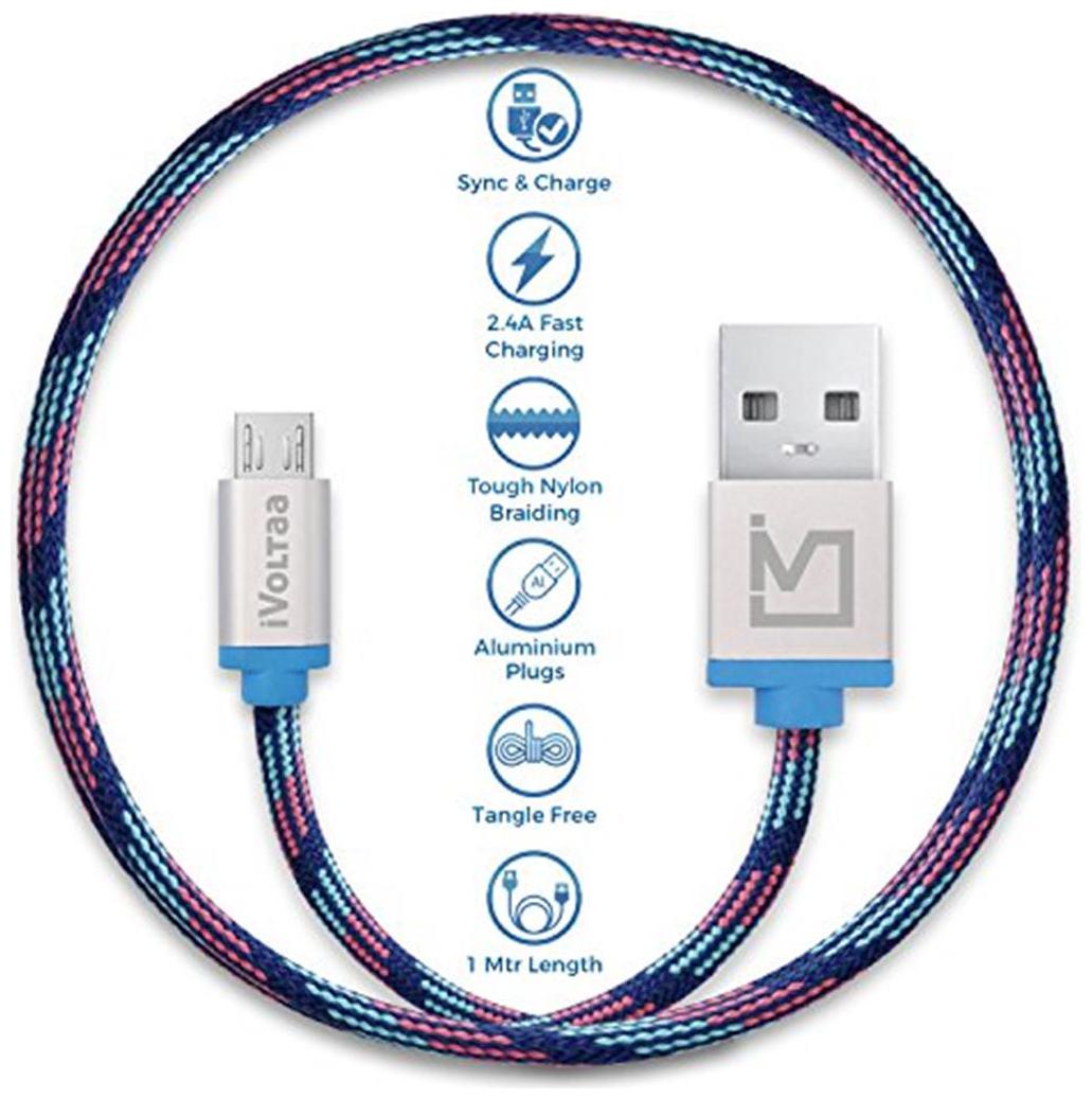 iVoltaa Pixie Micro USB to USB Premium Nylon Braided 1 m 3.3 ft Cable With Quick Charging 2.4 Amp and High Speed Data Sync Kyber Blue