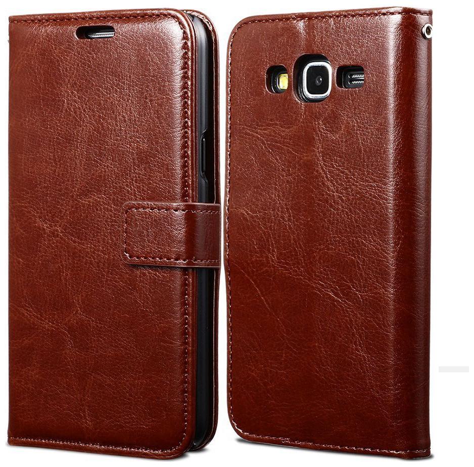 Leather Wallet Flip Cover Stand Case for Samsung Galaxy J7 Sm J700F 2015 Brown by Cell Shop