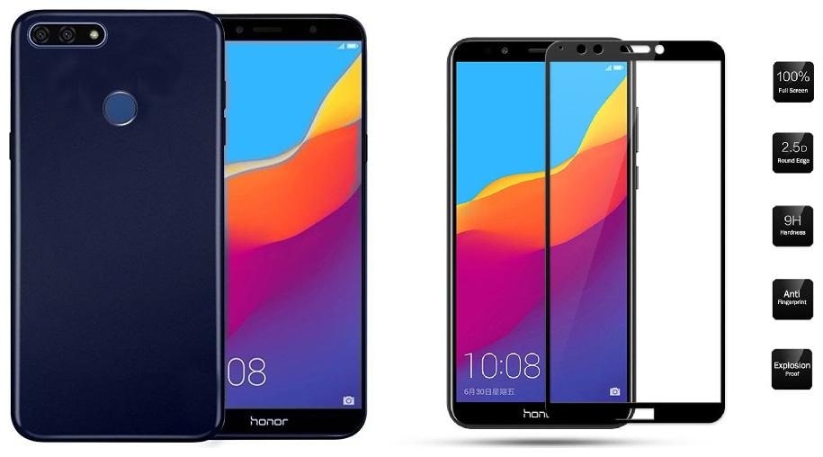 

Mascot Max Blue Silicon back cover Premium Quality case with (black) 9H tempered glass 2 5D Glass for Huawei Honor 7A