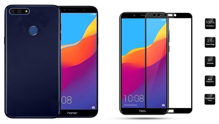 

Mascot Max Blue Silicon back cover Premium Quality case with (black) 9H tempered glass 2 5D Glass for Huawei Honor 7C