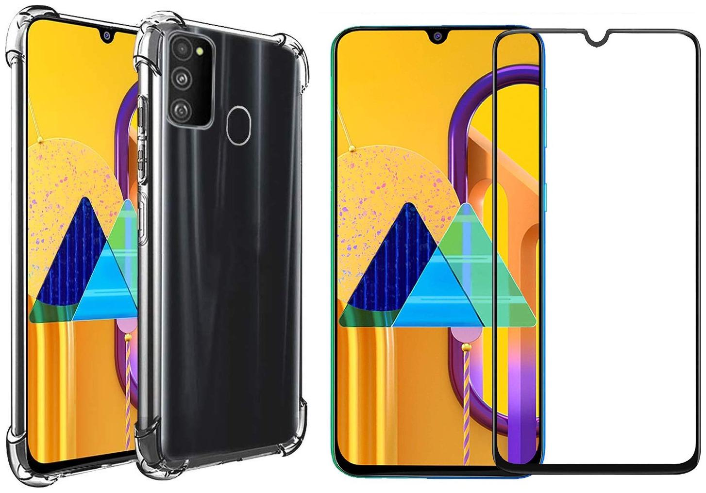 

Mascot Max Tempered glass Edge to edge cover Black 9H with Hybrid shock proof transparent back cover for Samsung Galaxy M30s