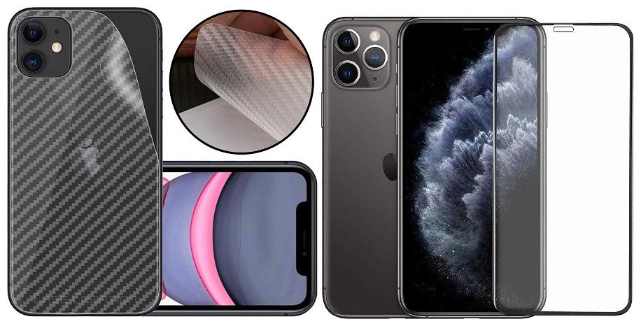 

Mascot Max Tempered glass High Quality Full Edge to Edge cover 2 5D Glass Black with Back skin screen guard Carbon Fiber Skin for Apple Iphone 11pro