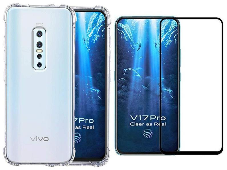 

Mascot Max Tempered glass Edge To Edge black 9H tempered glass with Hybrid shock proof transparent back cover pack of 2 for Vivo V17pro