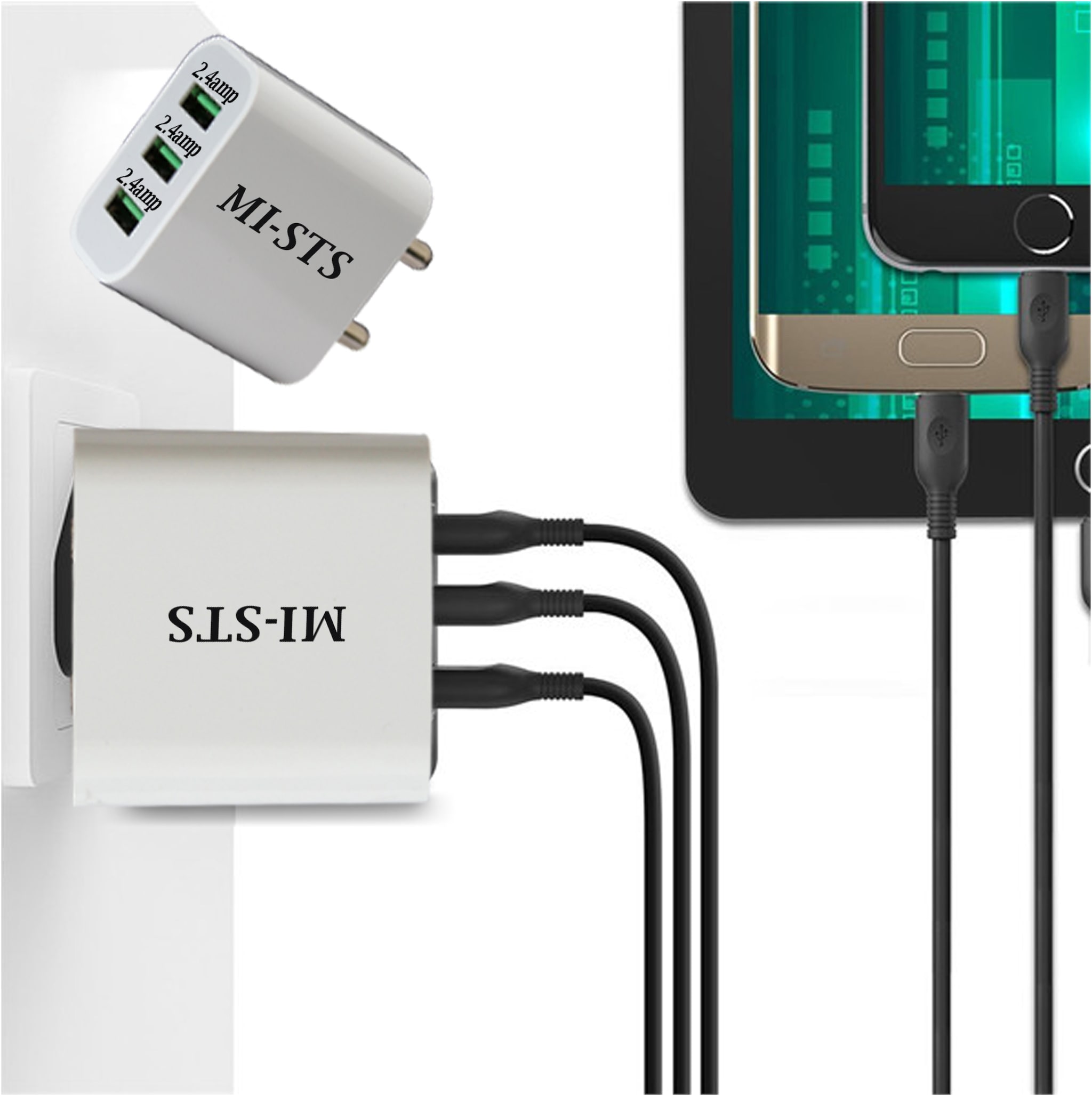 

MI-STS 3 Port USB 3 4 Amp (max ) Charger Adapter with 2 4 Amp Power Supply for All Android and iOS Devices