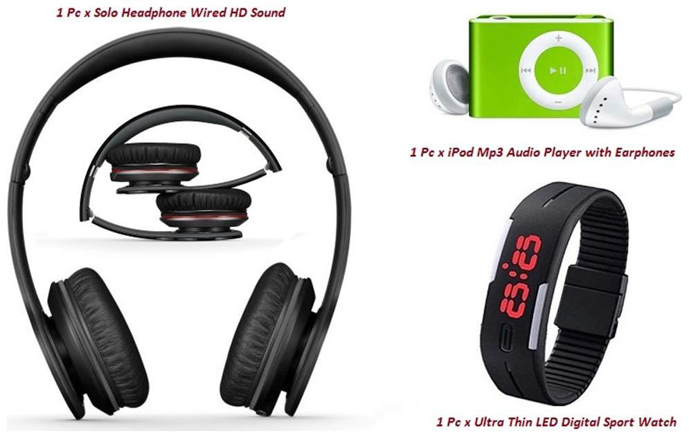 Mobile Accessories Combo Set of Solo Headphone HD Sound, Digital LED Watch, iPod Style MP3 Music Player For All Smartphones by J D Enterprises
