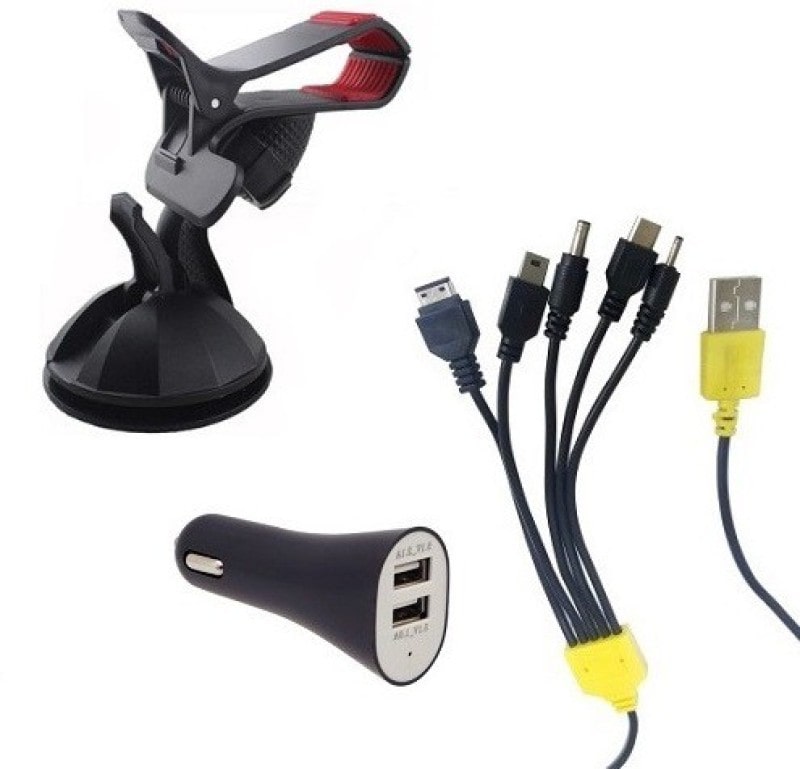 

QUXXA Combo of Dual Port Car Charger Mobile Holder and 5 in 1 Charging Cable