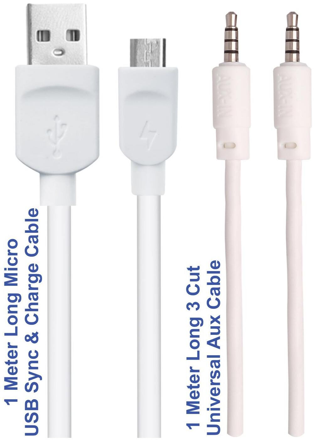 

Pinnaclz Combo 3 Feet 1 Meter Lightening Fast Sync Charge Micro USB Data Cable 2 Amp 3 Feet 1 Meter 4mm Thick 3 Cut Aux Cable (White)