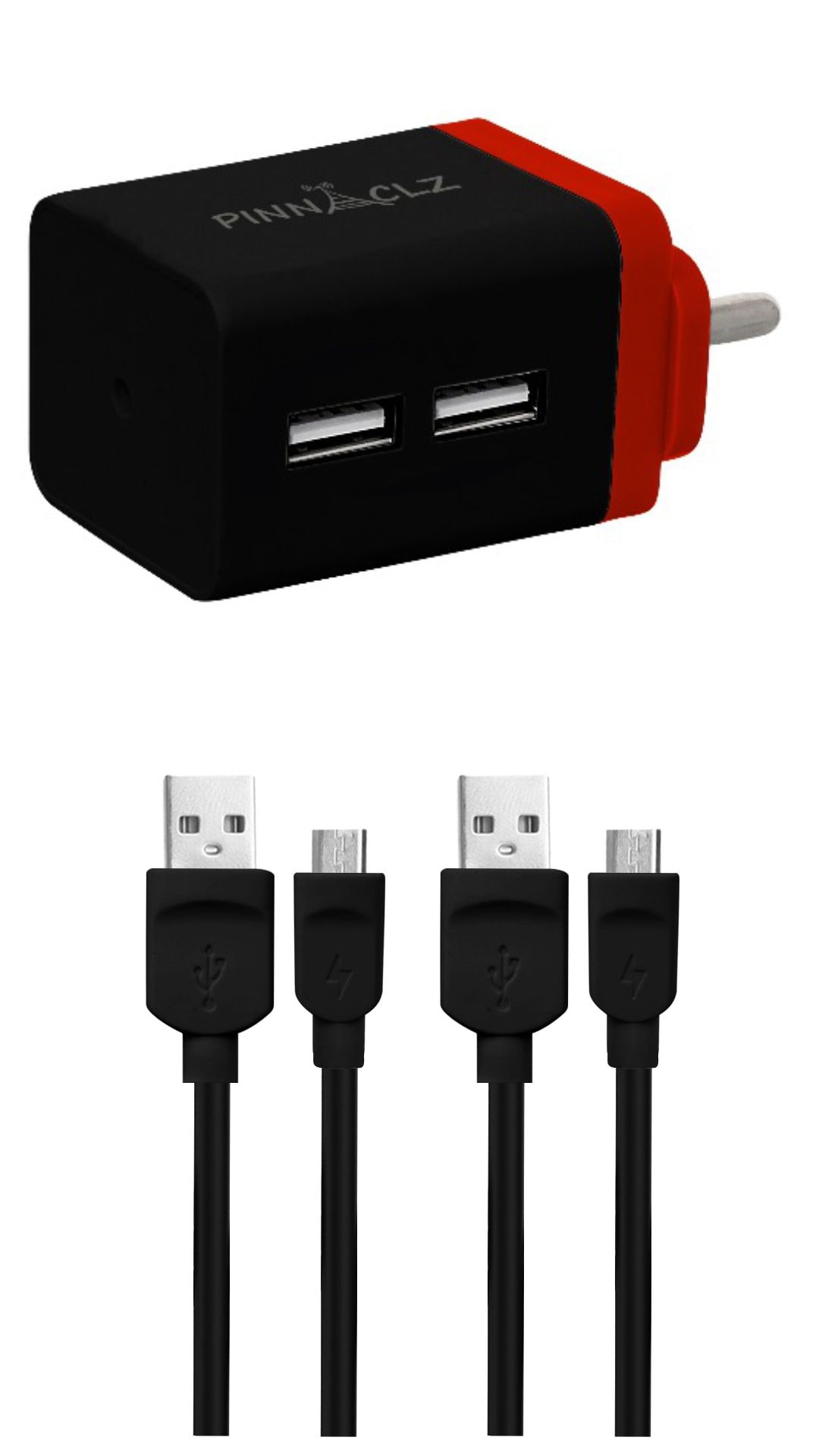 

Pinnaclz Combo of Dual USB 2 4 Amp Wall Charger (Black-Red) 2 pcs 3 Feet Lightening Fast Sync Charge Micro USB Data Cable 2 4 Amp