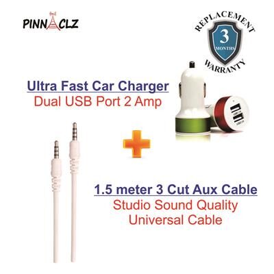 

Pinnaclz Combo of Dual USB 2 Amp Car Charger Aux Cable 1 5 m (Assorted Colour)
