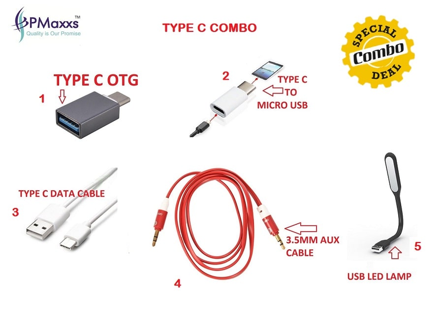 

PMaxxs Combo 5 in 1 Type C Data cable Type C Metal OTG LED Light Aux Cable Type C to Micro USB OTG Adapter