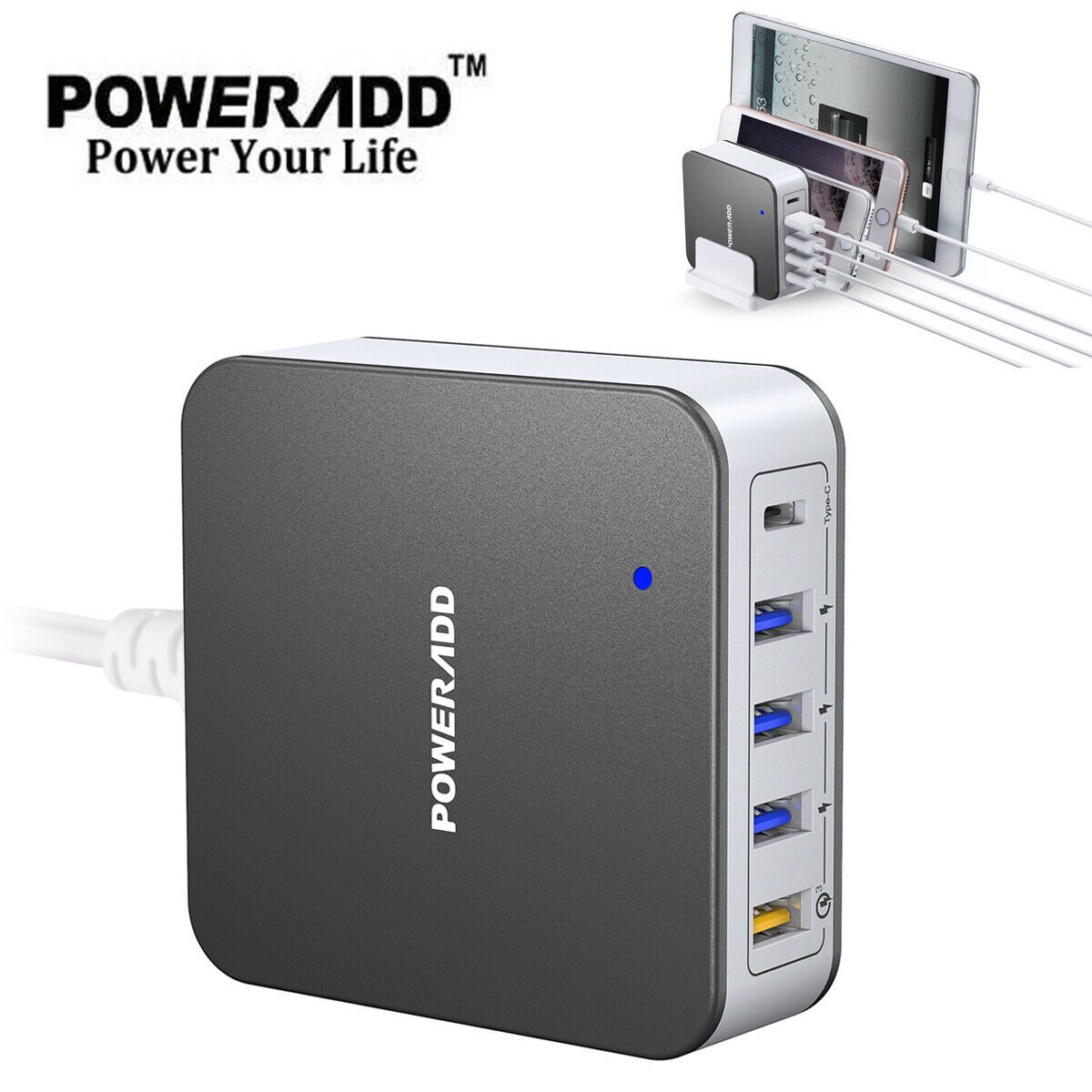 

Poweradd 40W 5 Port USB Fast Charger Quick Charge 3 0 USB-C Wall Charger Adapter