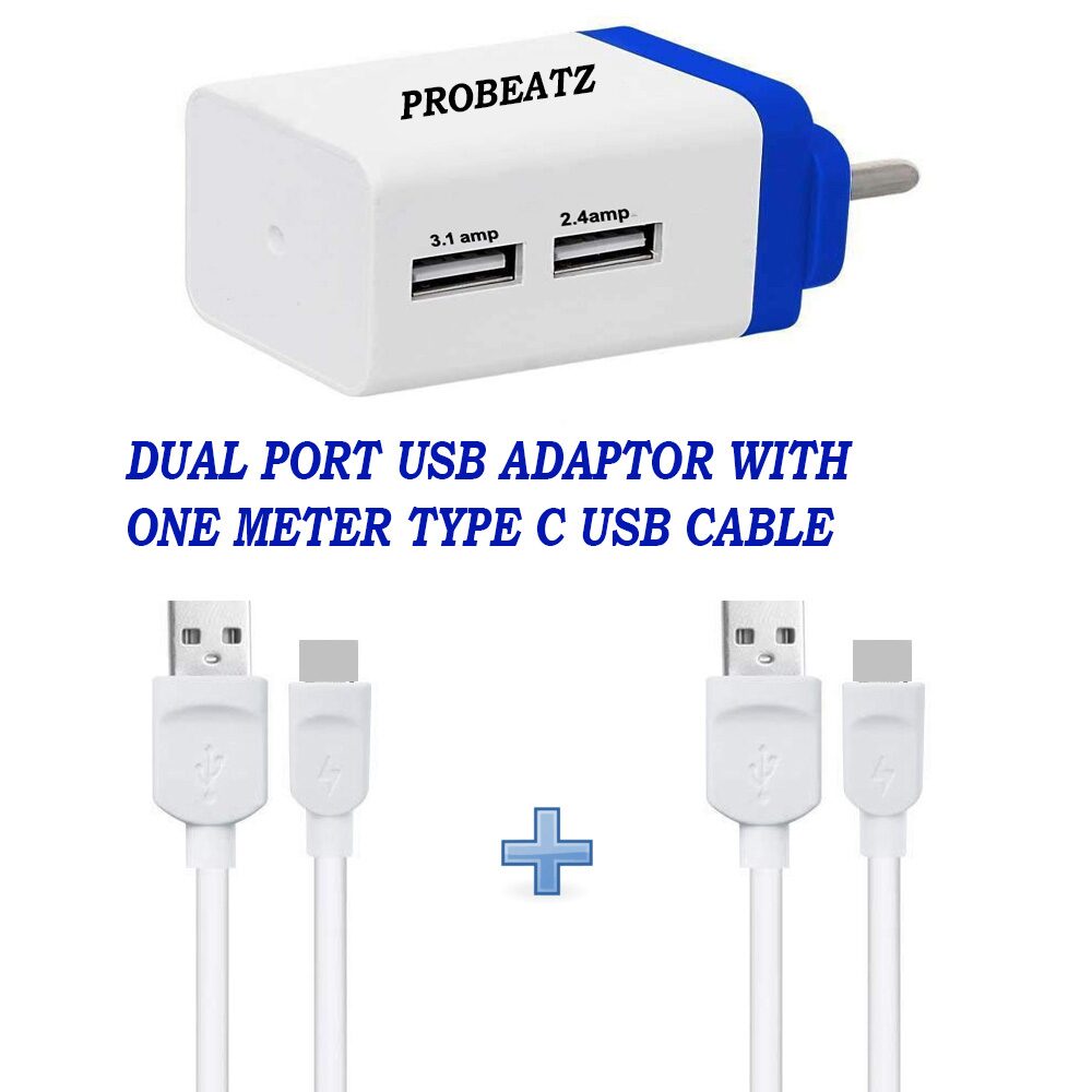 

Probeatz Turbo 3 1 Amp 2 4 Amp Dual Port USB Charger Adapter With Quick High Speed Wall Charger Premium High Speed With Two Type C USB Cable (One Meter)- Light Weight - Fast Charging