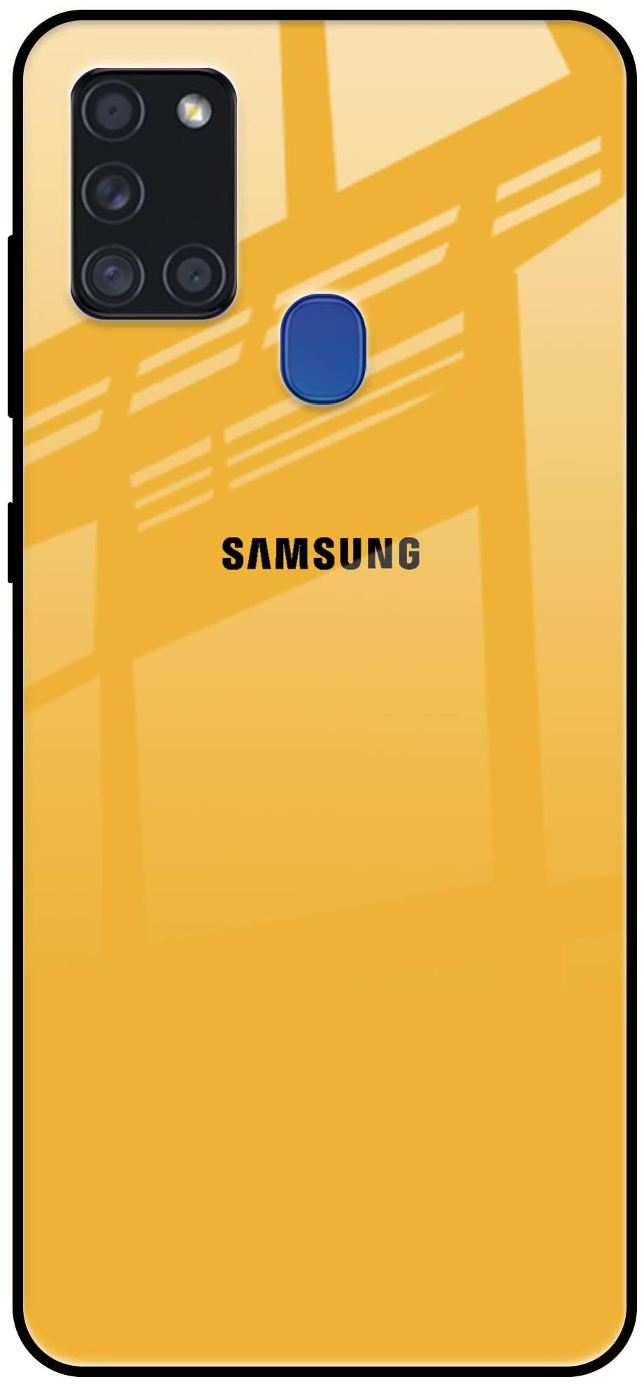 

Qrioh Printed Tempered GLass Back Case Cover Compatible with Samsung Galaxy A21s - Fluorescent Yellow Real GLass Case Multi