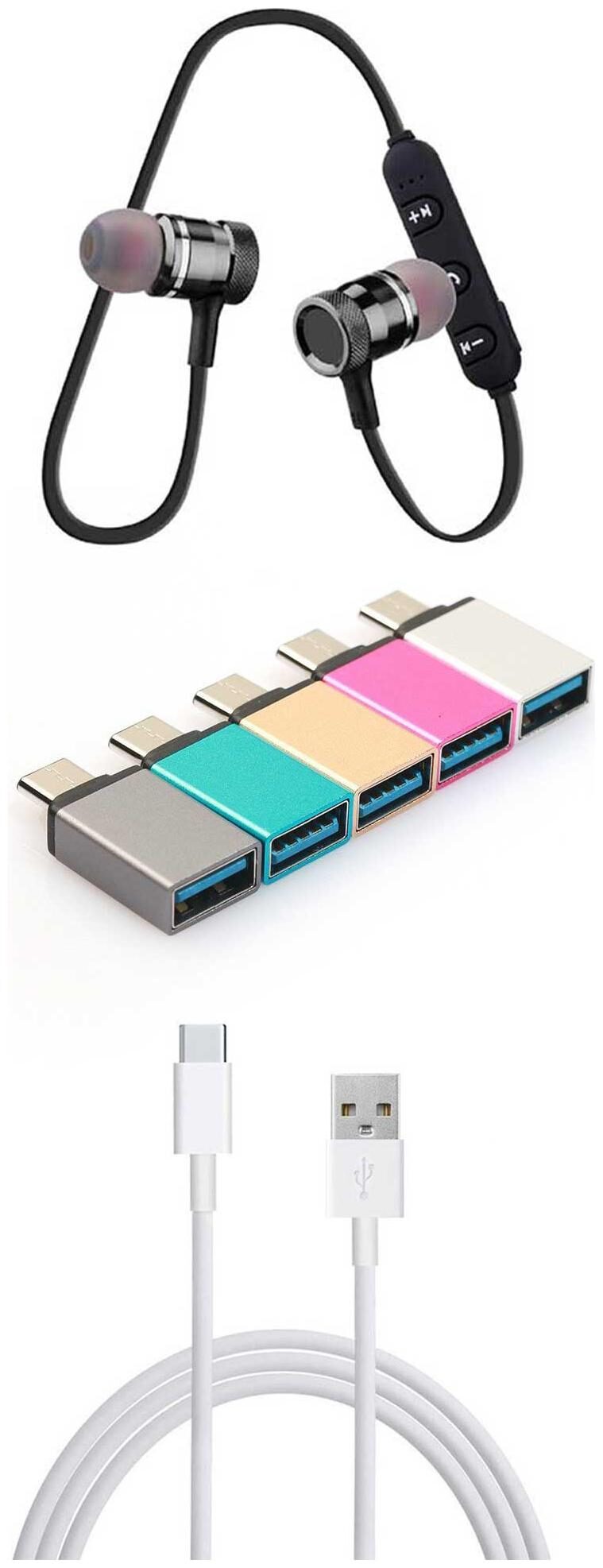 

RRTBZ Combo of Bluetooth Headset Headphones and C-Type Data Cable and C-Type OTG Adapter (Assorted) -Set of 3 Pcs