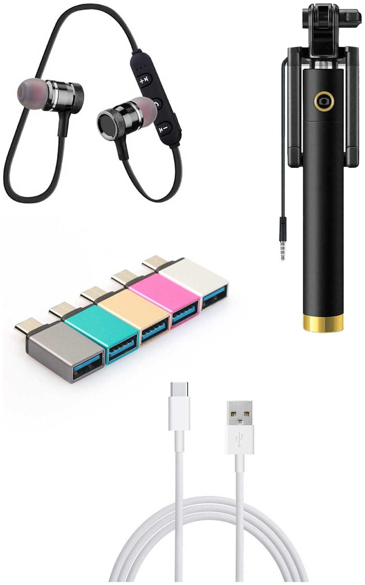 

RRTBZ Combo of Bluetooth Headset and C-Type Data Cable and C-Type OTG Adapter and Selfie Stick (Assorted) -Set of 4 Pcs