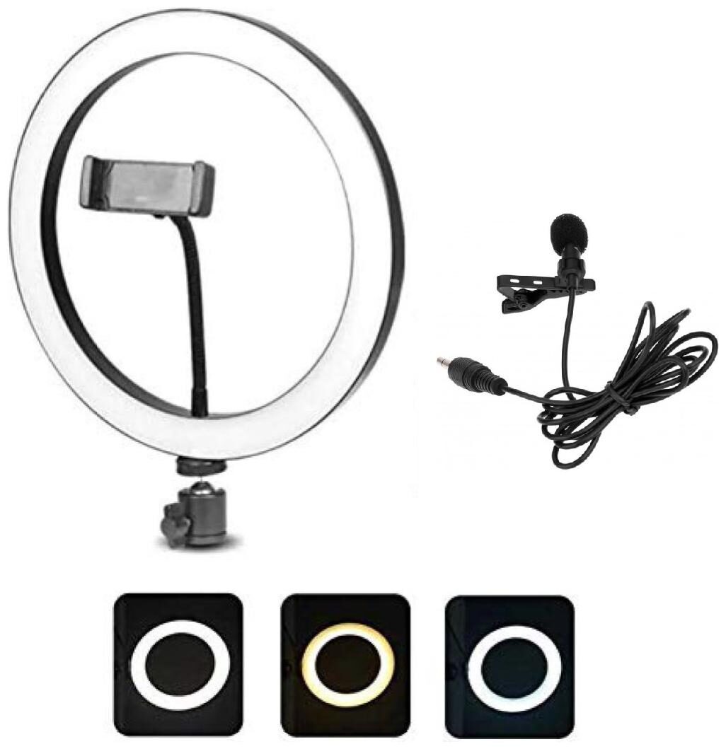 

Selfie Ring Light Dimmable Desk Makeup Ring Light for Video Photography Shooting 3 Light Modes With Noise Cancellation Clip Collar Mic Condenser