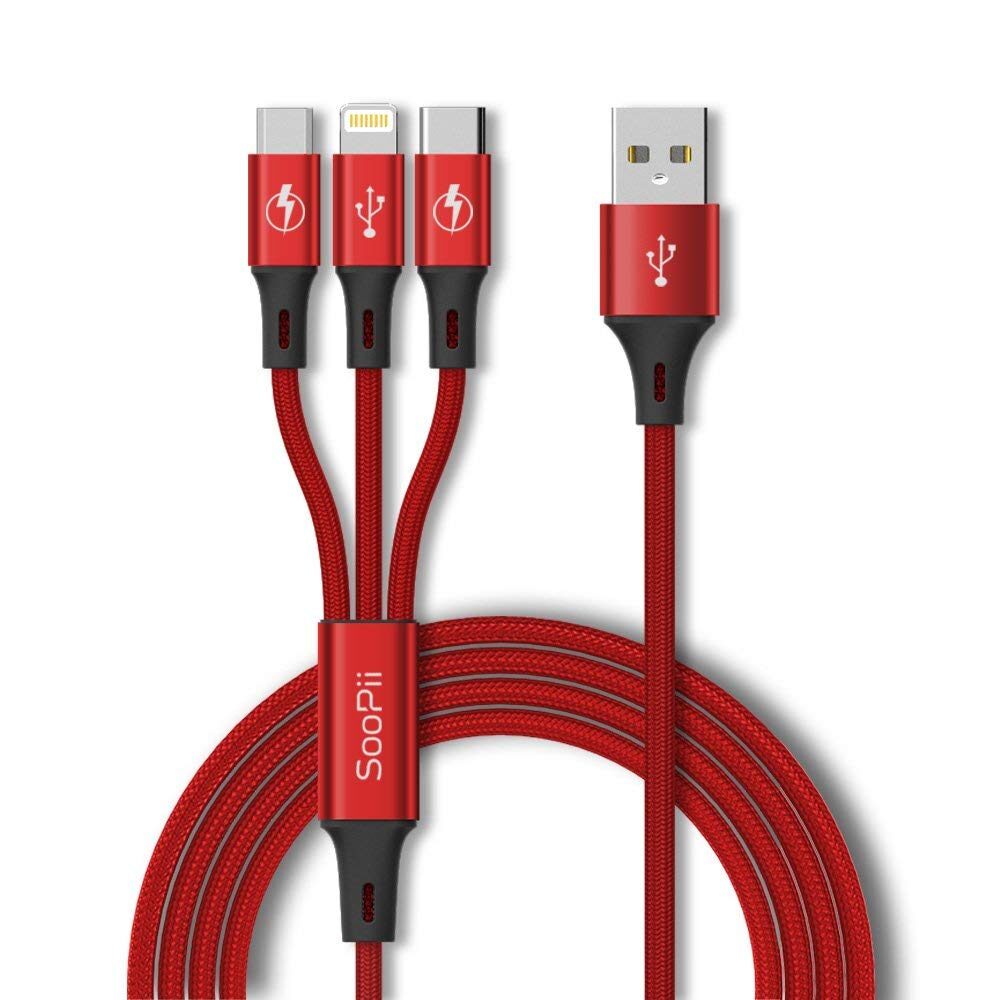 

SooPii 3 in 1 Multi USB Cable for Apple iPhone Micro and Type -C Charges 3 Phone at Same time 1 2meter Long 2 1 A Output 6 Month Replacement Warranty (Red)