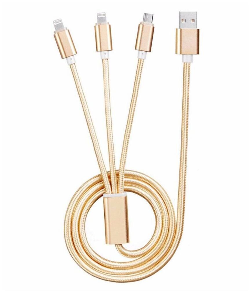 

Standard Sales Nylon 3 in 1 Braided Charging Cable with Type C Lightning and Micro USB For All Android Phones IOS Devices - (Gold)