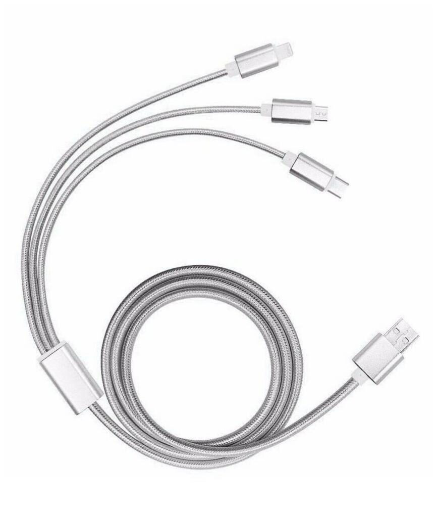 

Standard Sales Nylon 3 in 1 Braided Charging Cable with Type C Lightning and Micro USB For All Android Phones IOS Devices - (Silver)