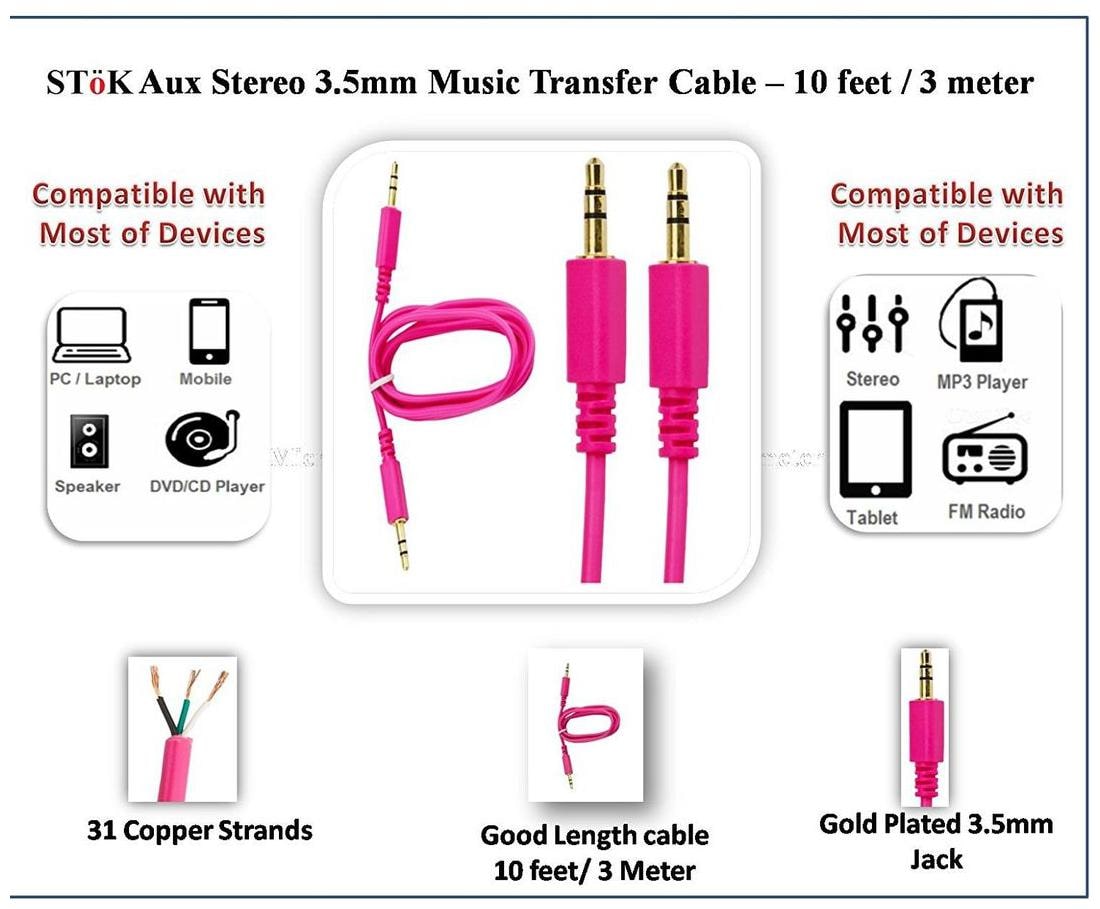 

SToK Aux Stereo 3 5mm Music Transfer Stereo Gold Plated Cable 3 04 m (10 (ft) - 3 5 mm Male to Male Aux Cable - Audio Cable - Pink