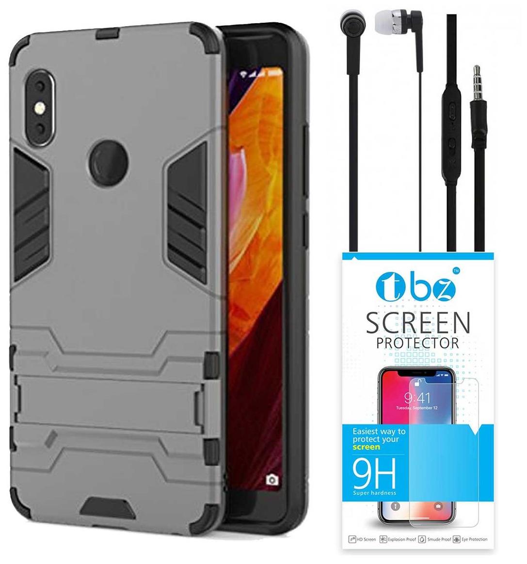 

TBZ Tough Shockproof Dual Protection Layer Hybrid Kickstand Back Case Cover for Xiaomi Redmi Note 5 Pro with Earphone and Tempered Screen Guard -Grey