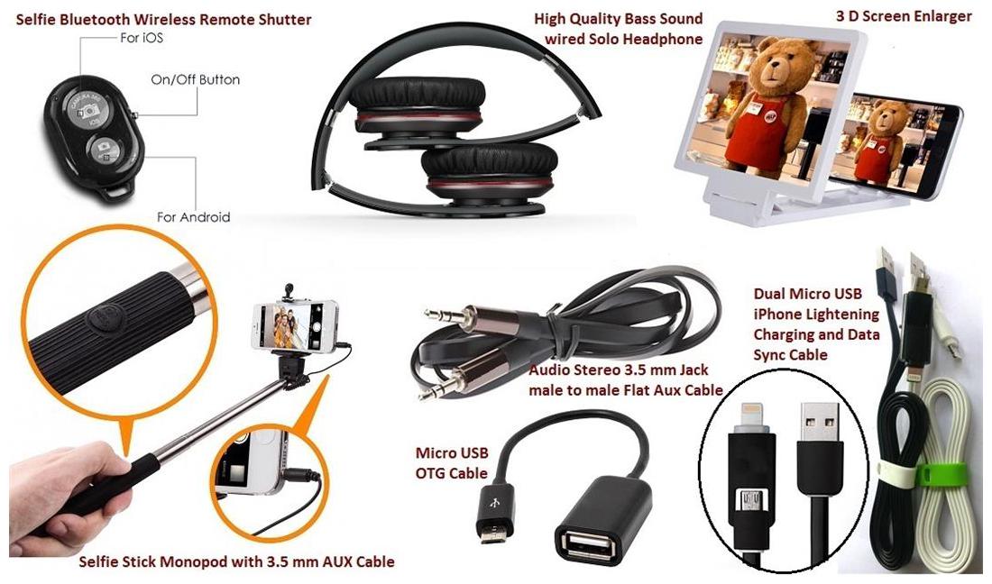 Techvik 7 in 1 Mobile Tablet Accessories Kit of Selfie Stick Monopod with 3.5mm Aux Cable Selfie Bluetooth Wireless Remote Shutter Micro USB OTG Acces