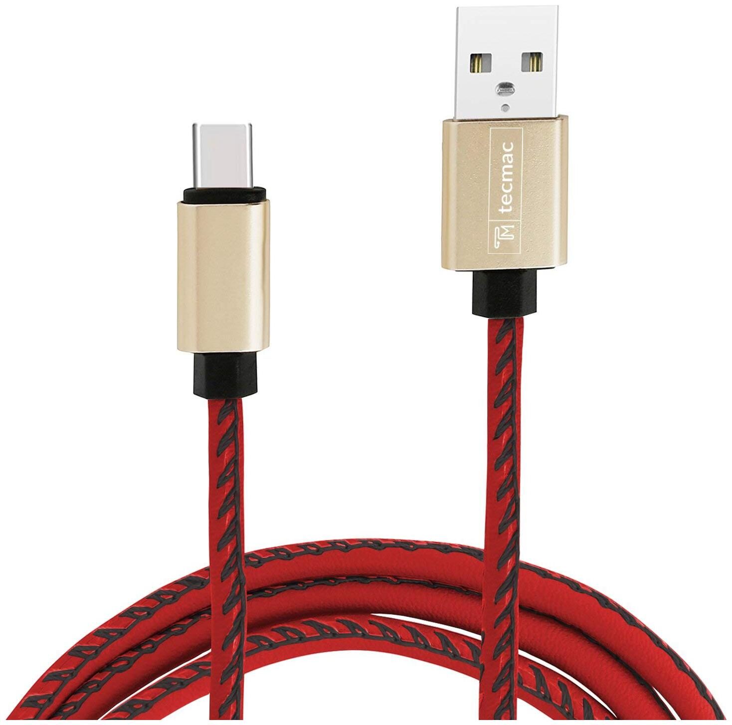 tecmac Faux Leather Braided Type C USB Data Sync Fast Charging Cable 1Mtr for All Type C Devices Red