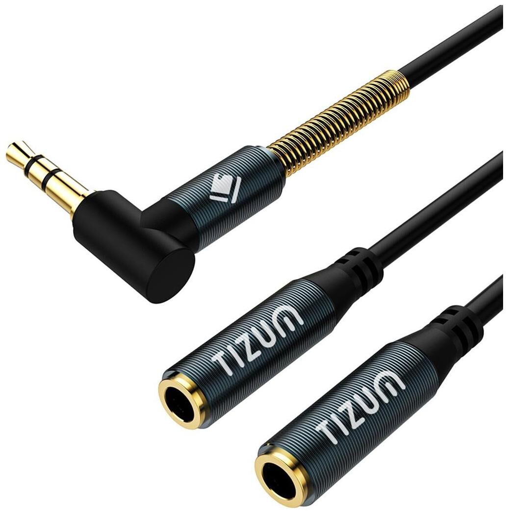 Tizum 3.5mm Audio Splitter X2 Female Aux Jack, Premium Gold Plated Right Angle Connector with Spring Jacket Grey