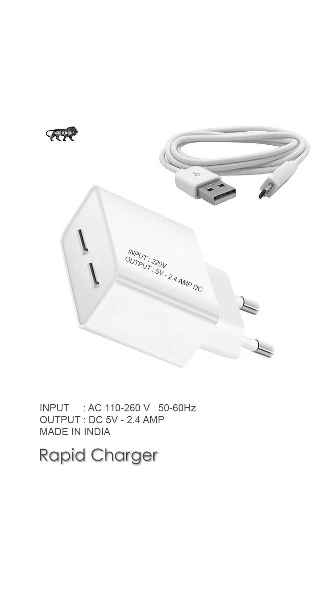 Wall Charger Made In India, Travel Charger, Mobile Charger, Dual Port USB Adapter With USB Cable By TBZ, 2.4 AMP With 1 Usb Cable