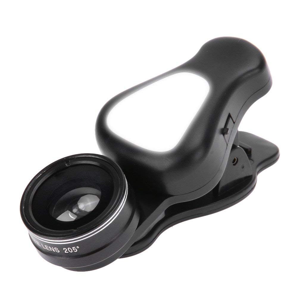 

ZM-028 Universal 2 in 1 Fish Eye Smartphone Camera Lens Wide Angle Macro Flashlight Mobile Phone lens Black By Crystal Digital
