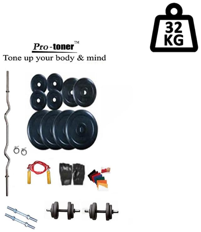 Protoner Weight Lifting Home Gym 32 kg + 3Rods (1 Curl)+ Gloves+ W. Band