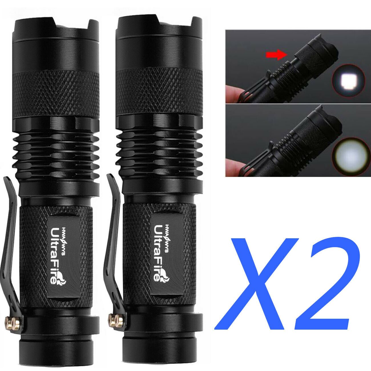 

2 x Tactical 20000 Lumens T6 LED Zoomable Flashlight Super Bright Torch Lamp USA