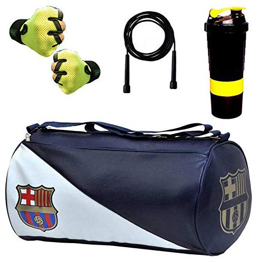 

5 O CLOCK SPORTS Gym Bag Combo Set Enclosed with Soft Leather Gym Bag for Men Fitness - Blue FCB Yellow Spider Shaker Green Gym Gloves