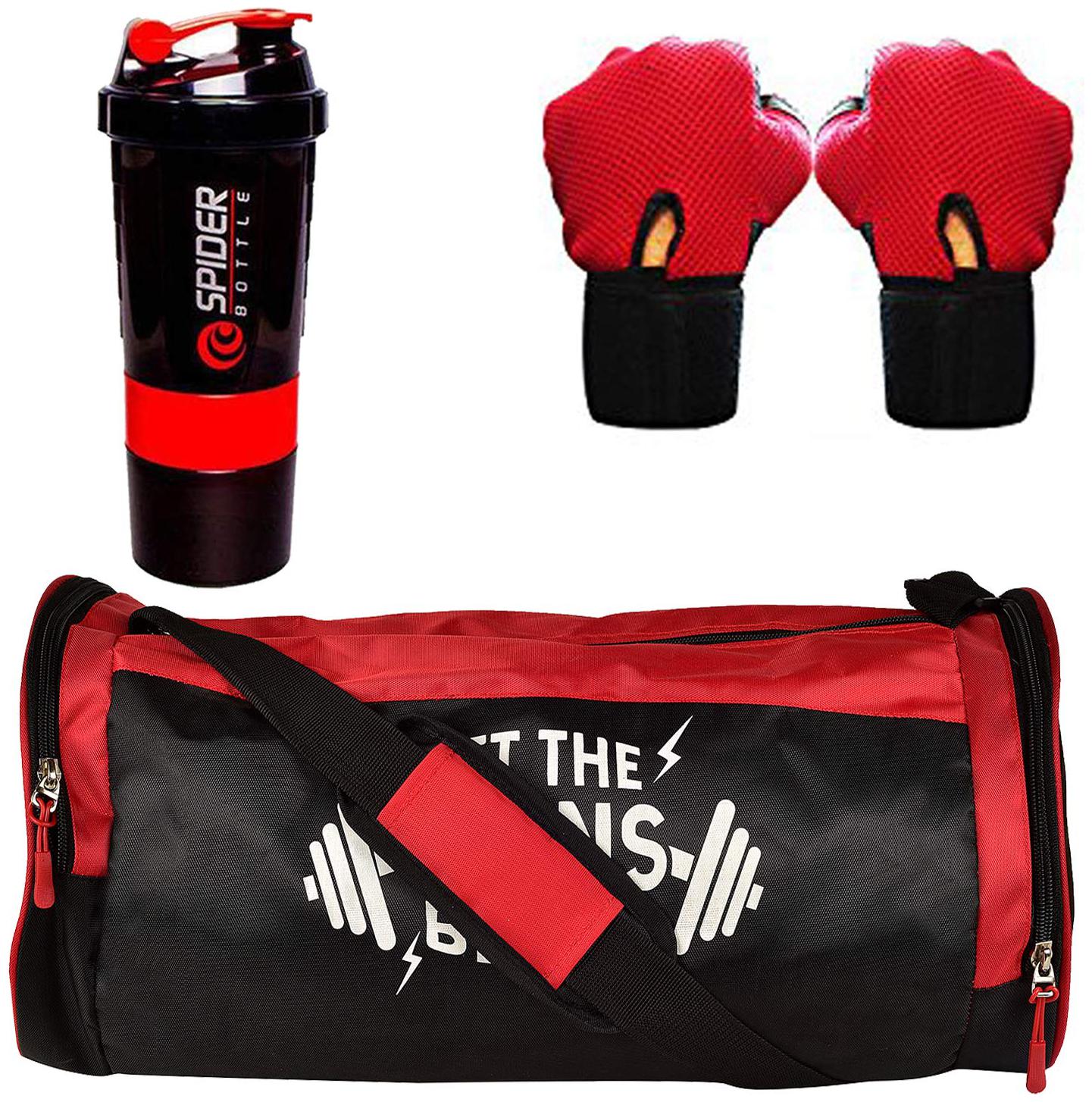 

5 O CLOCK SPORTS Sports Combo of (Red) Gym Bag Gloves (Red)(Free Size) Spider Shaker (Red) for Men and Women