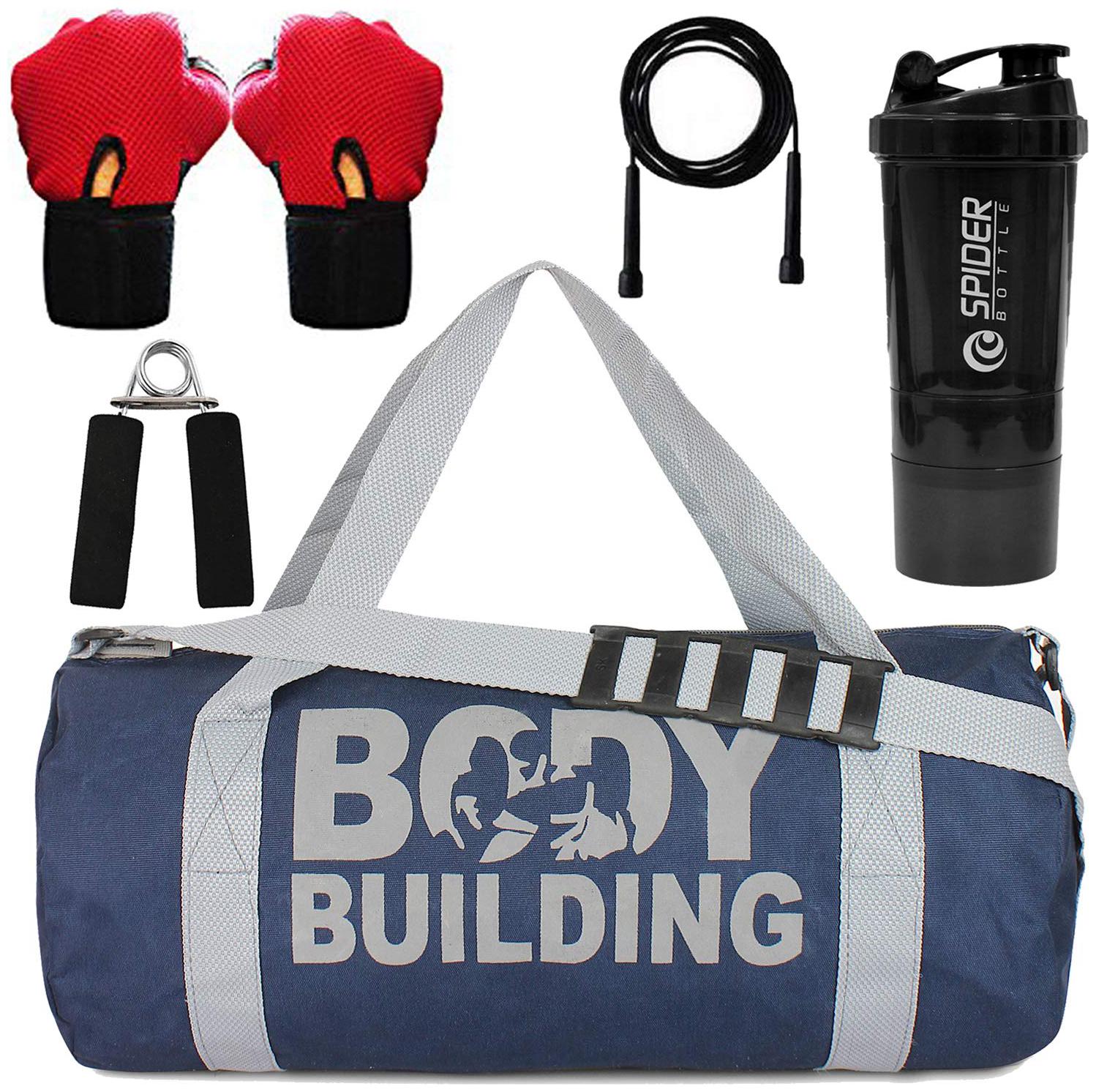 

5 O CLOCK SPORTS Gym Bag for Men Combo of Blue Body Building Bag Spider Shaker Bottle - Black Color Leather Gym Gloves - Red Color with Skiping Rope and Hand Gripper
