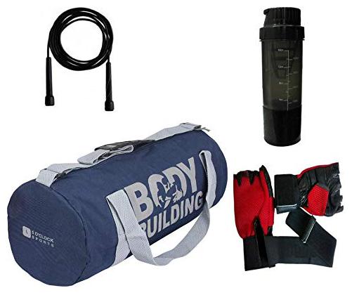 

5 O CLOCK SPORTS Gym Bag for Men Combo of Blue Body Building Bag Red Gym Leather Gloves Shaker Bottle Skipping Rope