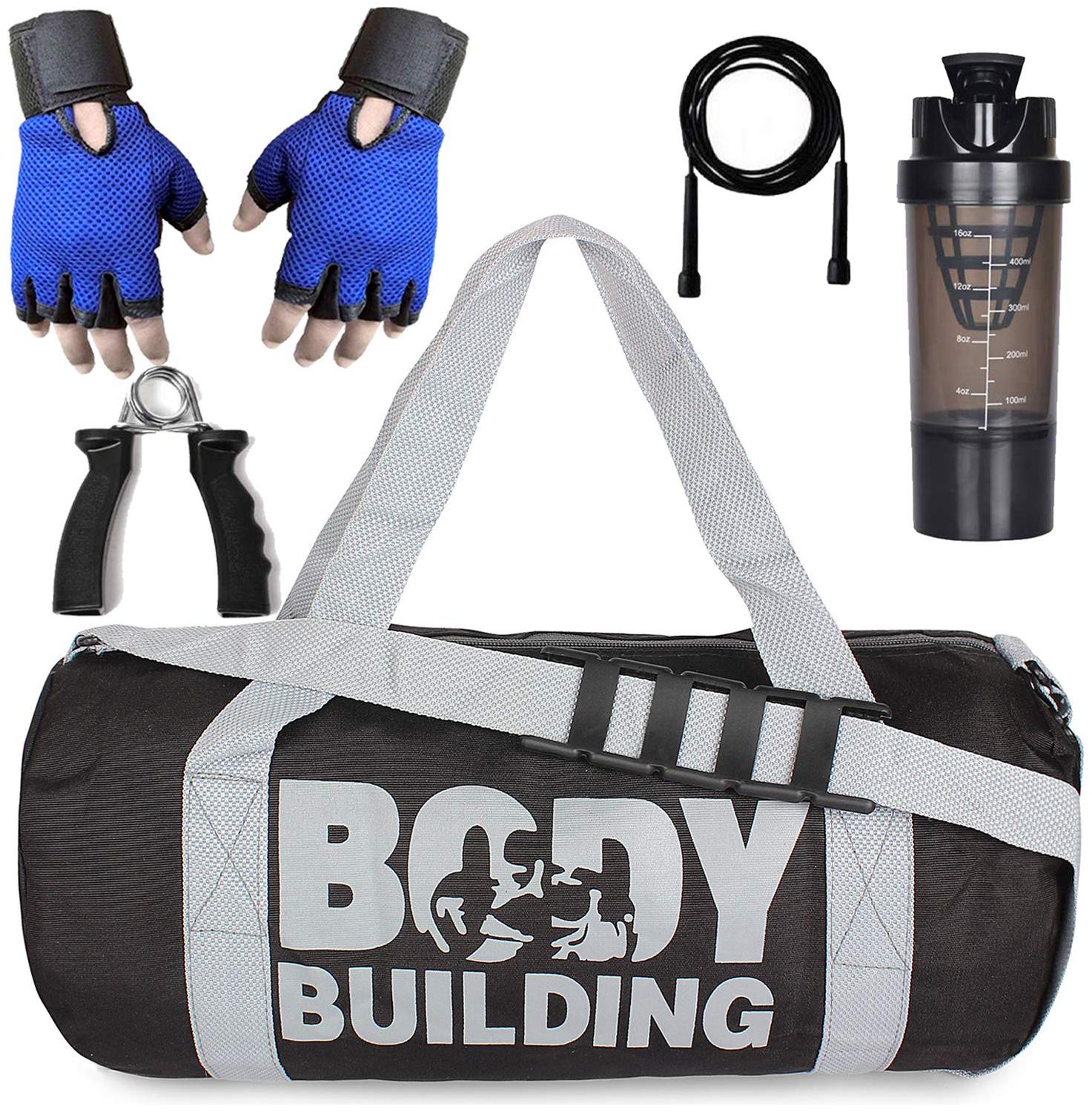 

5 o clock Sports Gym Bag for Men Combo Black Body Building Gym Bag Blue Gloves Skipping Rope 700 ml Shaker with Hand Gripper Gym and Fitness kit