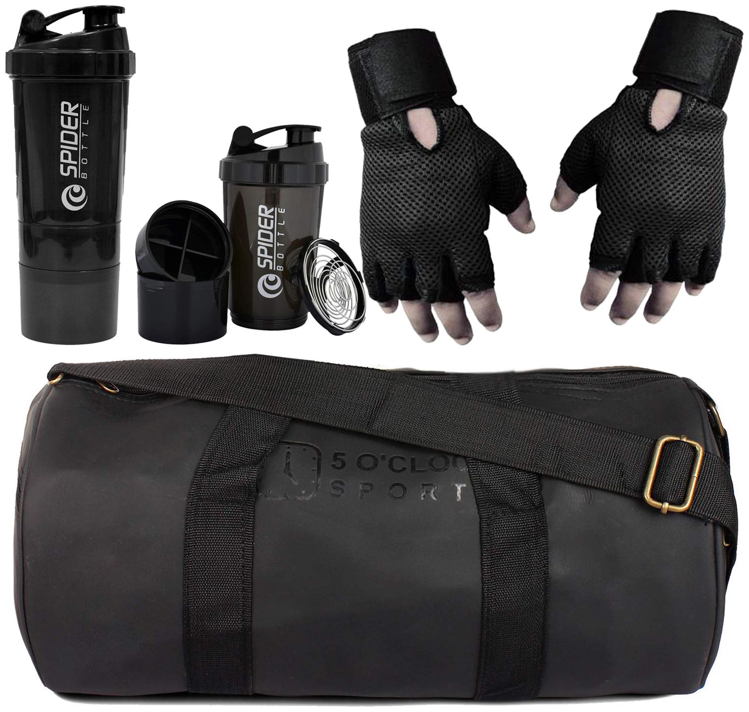 

5 O CLOCK SPORTS Multi-Purpose Gym Bag Black Protein Shaker and Black Netted Gym Glove with Wrist Support Combo