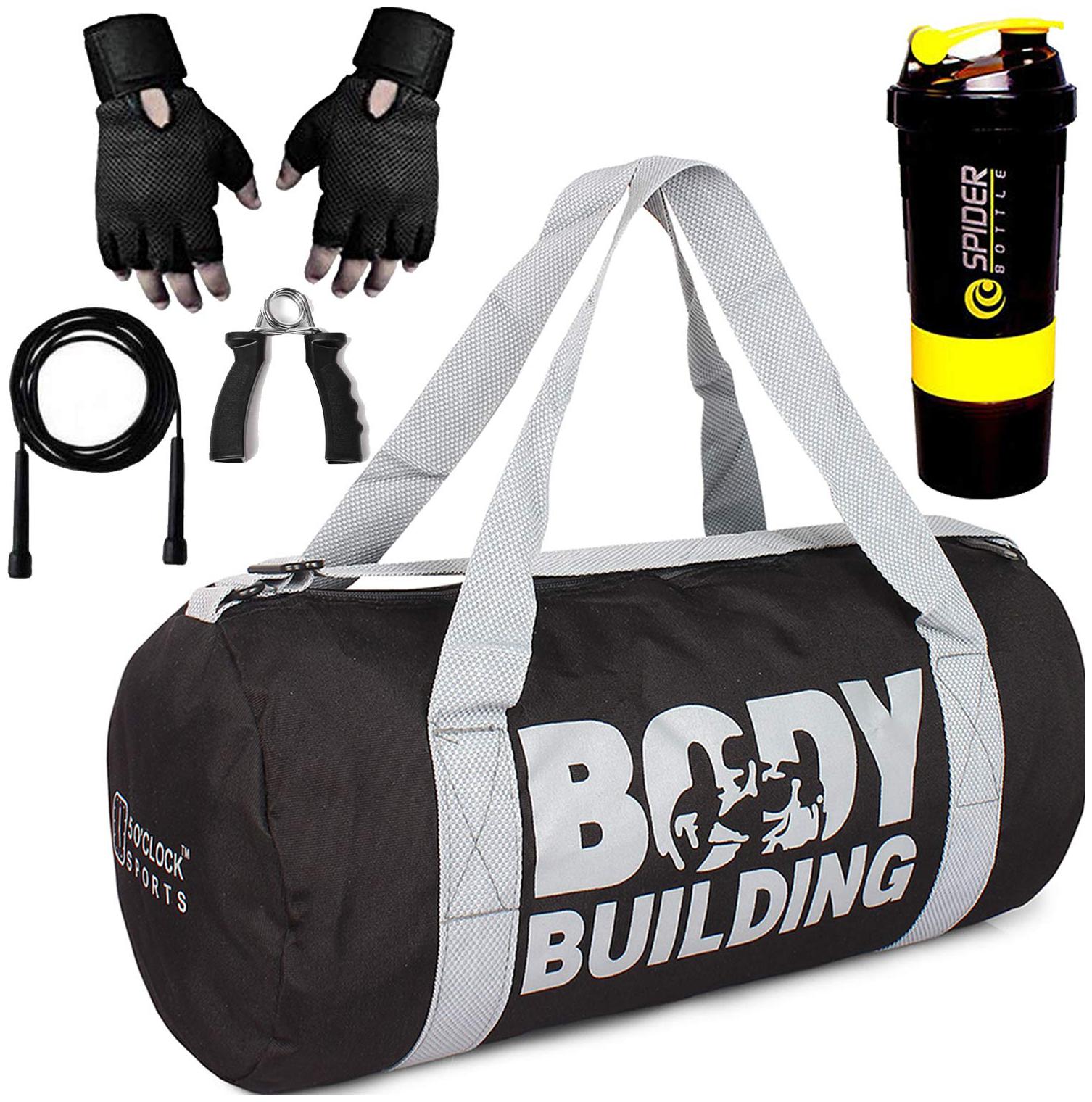 

5 O CLOCK SPORTS Gym Bag for Men Combo Black Body Building Gym Bag Black Gloves Skipping Rope Yellow Spider with Hand Gripper Gym and Fitness kit