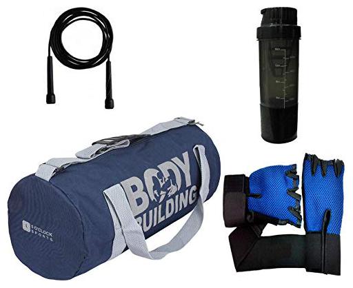 

5 O CLOCK SPORTS Gym Bag for Men Combo of Blue Body Building Bag Sports Bottel Blue Leather Gym Gloves Skipping Rope