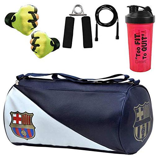 

5 O CLOCK SPORTS Gym Bag Combo Set Enclosed with Soft Leather Gym Bag for Men Fitness - Blue FCB Green Gym Gloves Red Classic Shaker Black Skipping Rope and Black Hand Gripper
