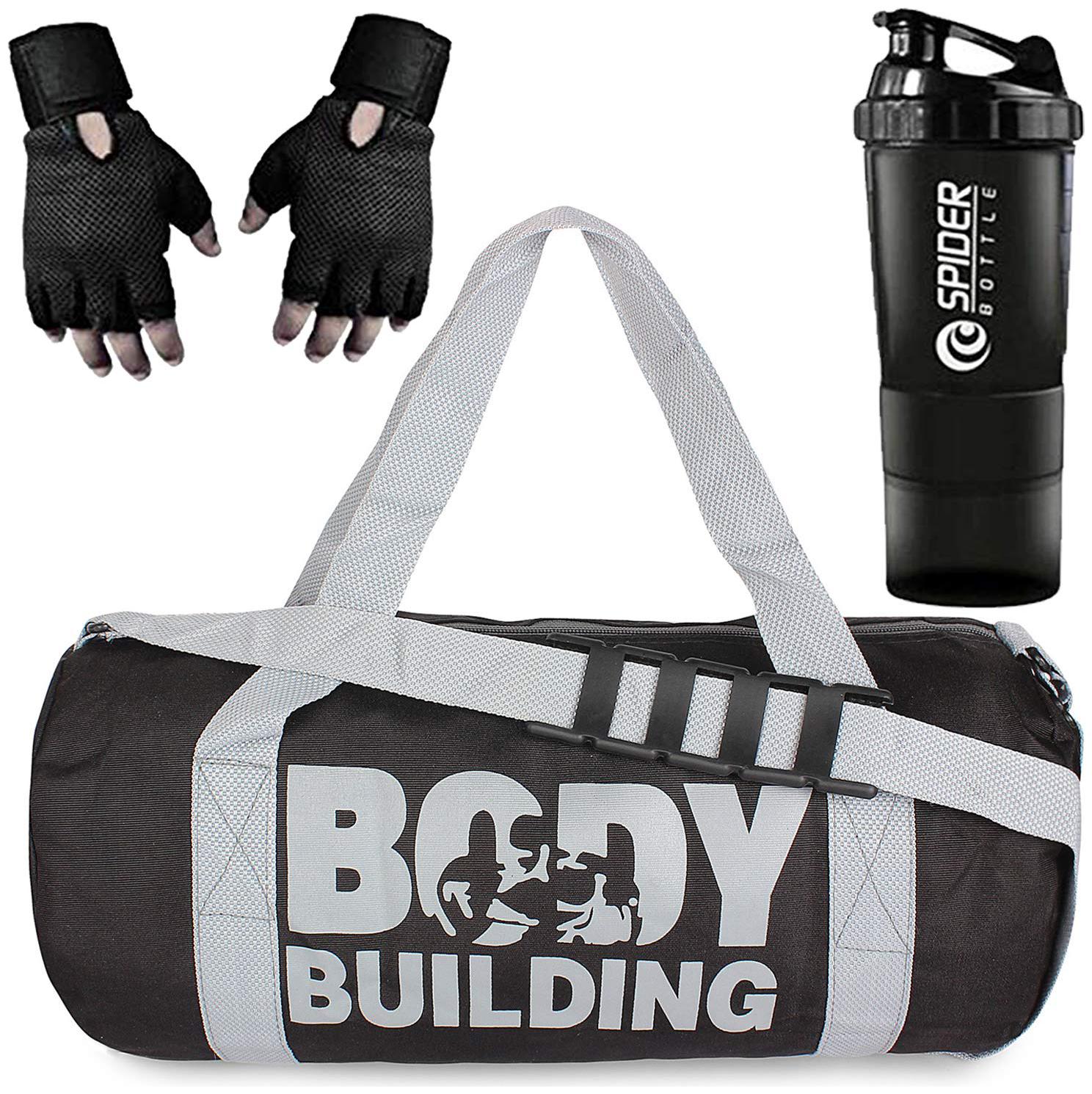 

5 o clock Sports Gym Bag for Men Combo Black Body Building Gym Bag Black Gloves with 750 ml Spider Shaker Gym and Fitness kit