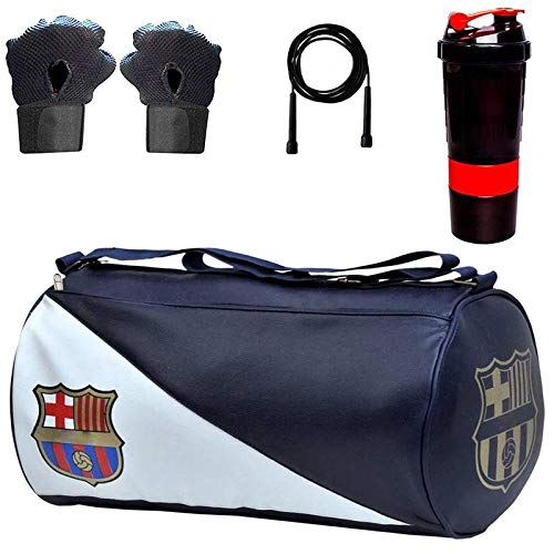 

5 O CLOCK SPORTS Gym Bag Combo Set Enclosed with Soft Leather Gym Bag for Men Fitness - Blue FCB Black Gym Gloves Red Spider Shaker Black Skipping Rope