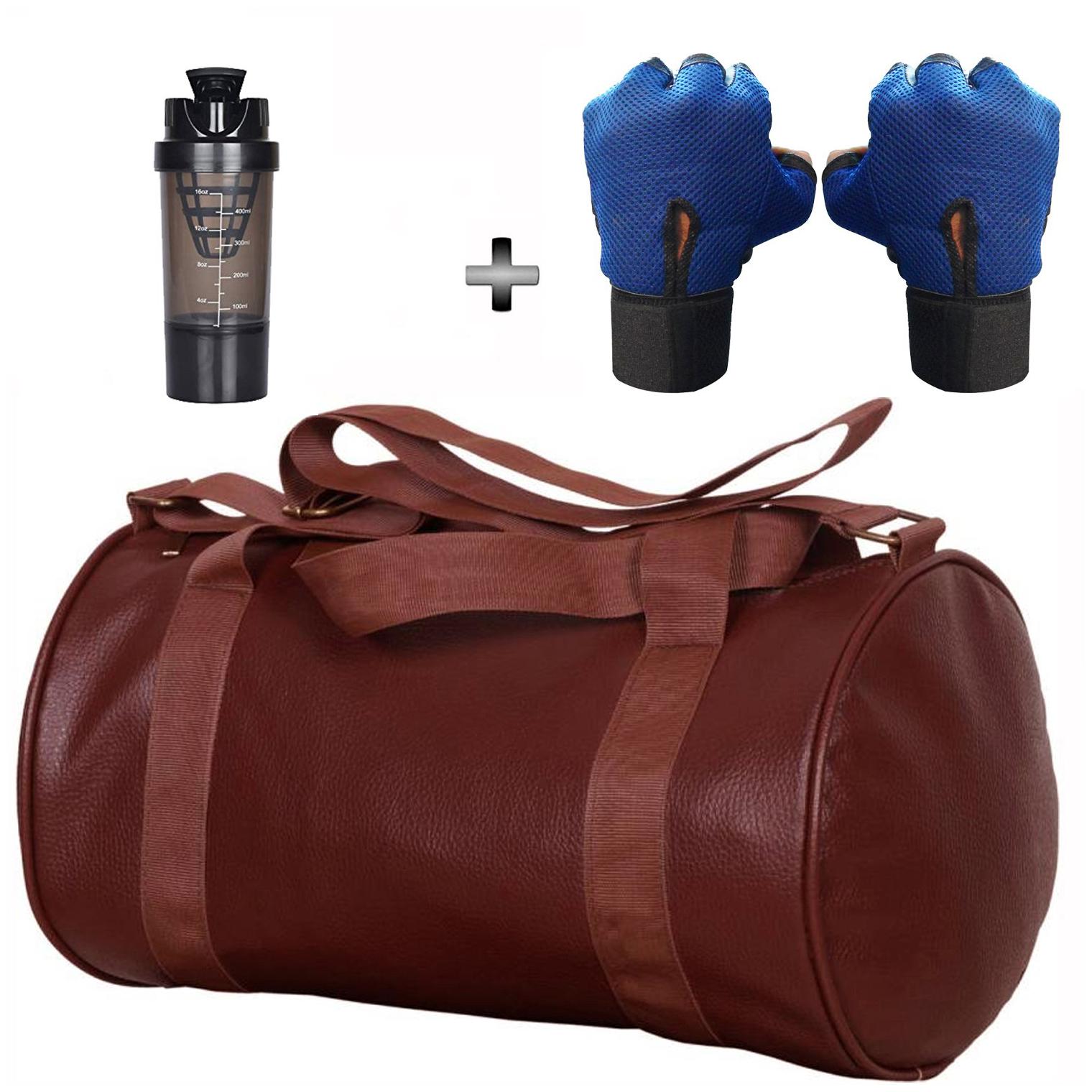 

5 O CLOCK SPORTS Gym Bag Combo Set Enclosed With Soft Leather Gym Bag For Men and Women For Fitness - Brown Color Cyclone Shaker - Black Color and Leather Gym Gloves With Wrist Support- Blue Color